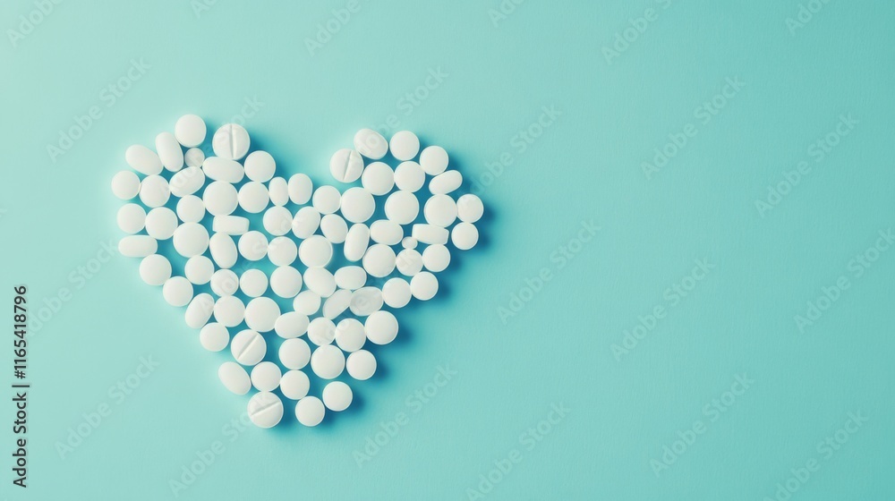 Heart-Shaped Collection of White Pills on a Light Teal Background. Visual Representation of Health and Well-being Heart-Shaped Collection of White Pills on a Light Teal Background. Visual Representation of Health and Well-being