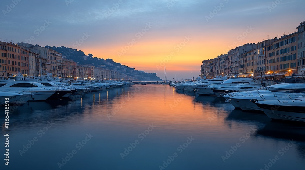 Fototapeta premium Sunset over harbor with yachts and buildings.