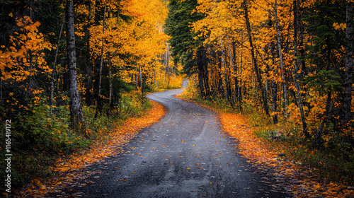 Winding road through vibrant autumn forest with golden leaves.