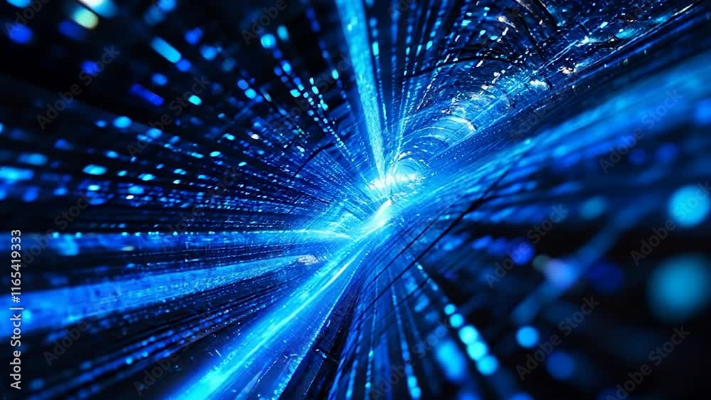 Digital Speed ​​animation video. Abstract blue light streaks converge towards a central point, creating a dynamic and energetic visual representation of high-speed data transfer or technological innov
