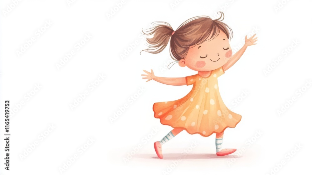 Adorable Little Girl Dancing in a Dotted Dress: Whimsical Illustration for Kids Adorable Little Girl Dancing in a Dotted Dress: Whimsical Illustration for Kids