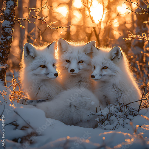 Zorros blancos jugando en la nieve, en un sereno bosque invernal