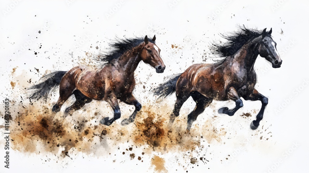 Obraz premium Two Majestic Horses Running Through a Field of Dust; Powerful Watercolor Painting of Horses in Full Motion