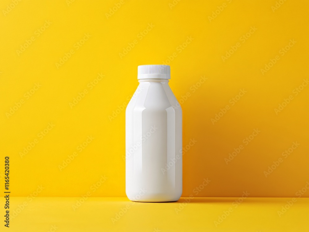 A simple white milk bottle against a vibrant yellow background. A simple white milk bottle against a vibrant yellow background.
