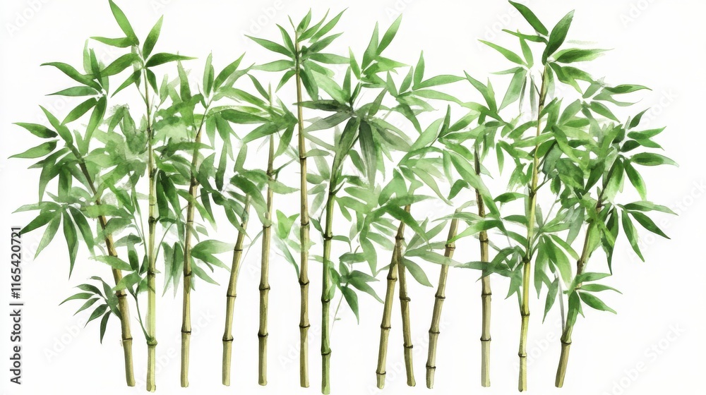 Fototapeta premium Watercolor Bamboo Art: Lush Green Bamboo Plants in a Row. A Perfect Decorative Piece for Home or Office. A Beautiful Botanical Illustration