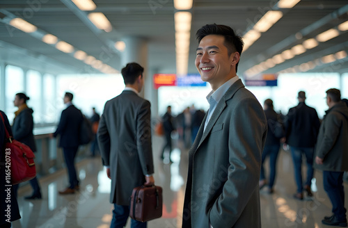 Obraz na płótnie A welldressed man wearing a formal suit is standing at an airport, with his hands casually tucked into his pockets w salonie