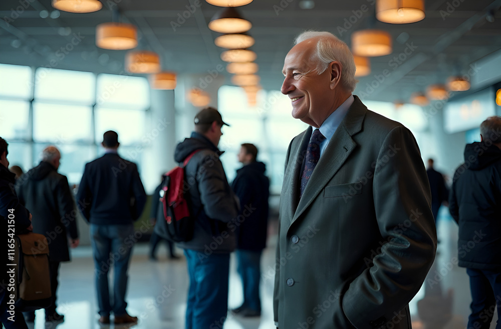 Dressed in a suit and tie, an elderly man stands in a busy airport terminal. Dressed in a suit and tie, an elderly man stands in a busy airport terminal.