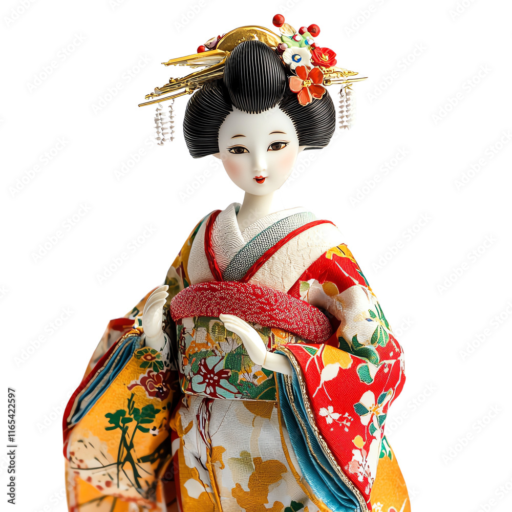 A beautifully crafted Japanese doll dressed in a vibrant kimono, showcasing intricate details and traditional artistry. A beautifully crafted Japanese doll dressed in a vibrant kimono, showcasing intricate details and traditional artistry.