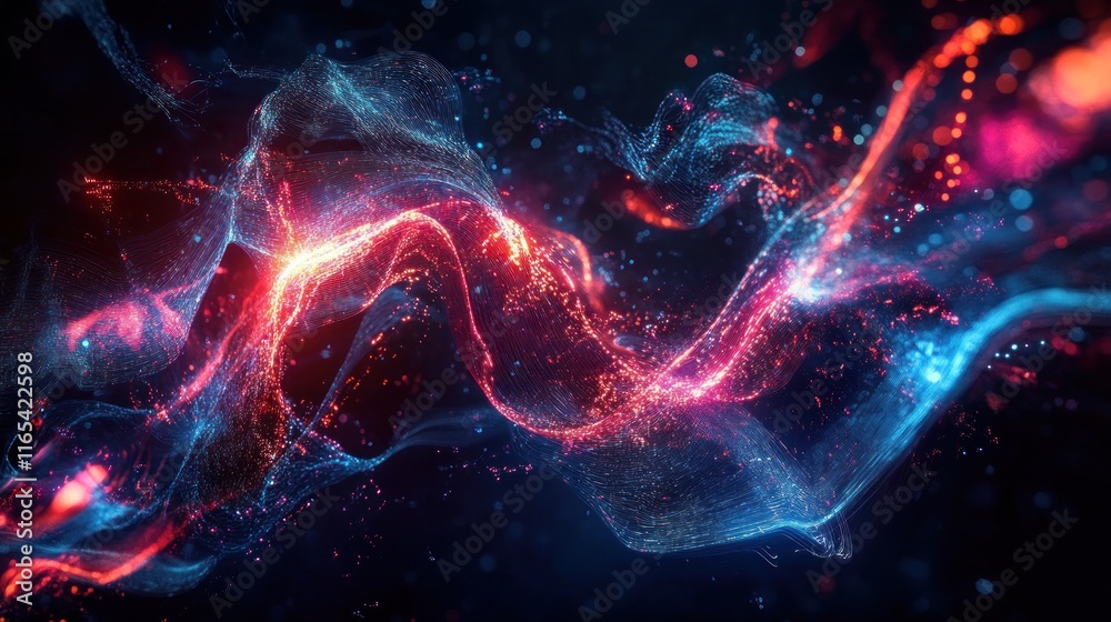 Abstract digital art with swirling, glowing particles of vibrant red and blue. Abstract digital art with swirling, glowing particles of vibrant red and blue.