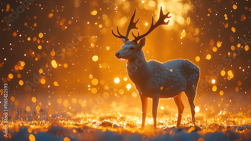 Albino Deer Illuminated in a Magical Forest of Fireflies photo