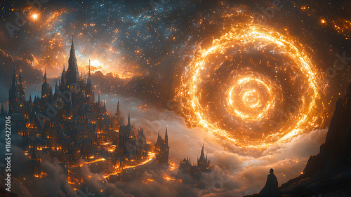 Magical Castle Under a Nighttime Nebula Sky