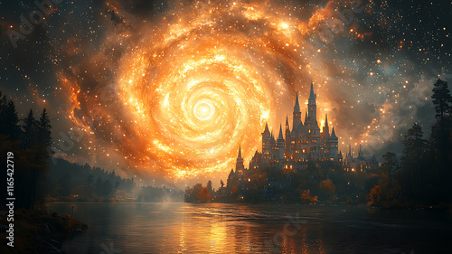Magical Castle Under a Nighttime Nebula Sky