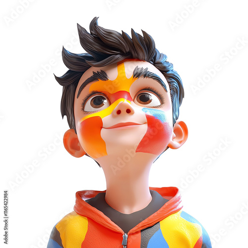 A cheerful child with colorful face paint, expressing joy and creativity, perfect for art and children's themes.