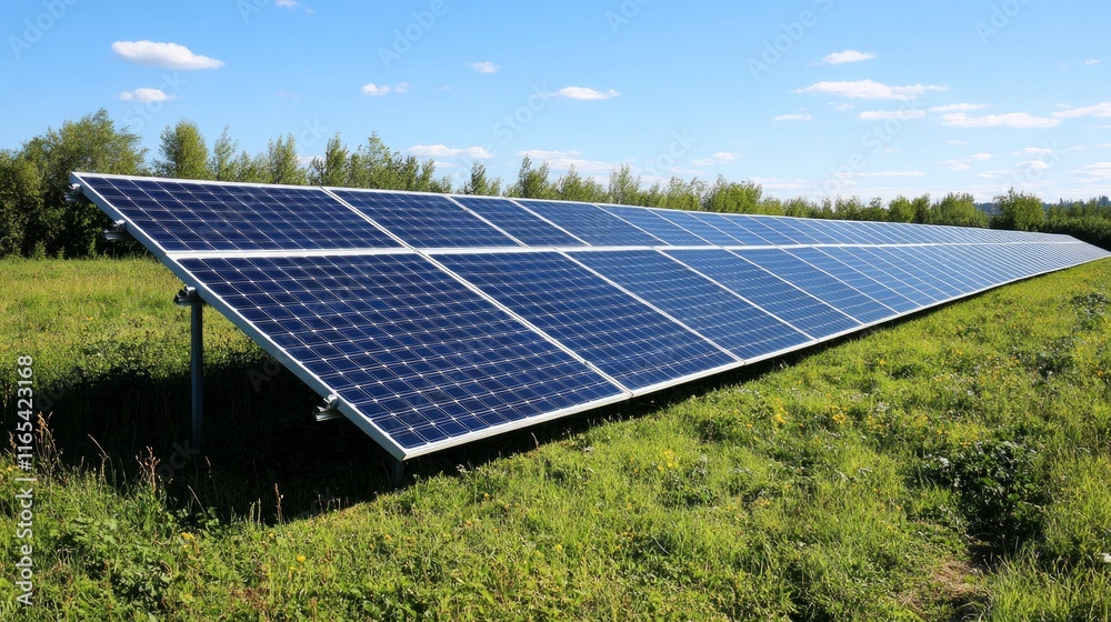 A solar farm with vast rows of panels capturing sunlight on a clear day. A solar farm with vast rows of panels capturing sunlight on a clear day.