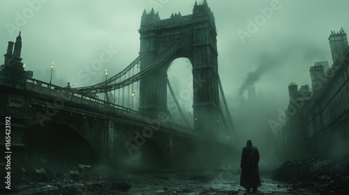 Dark and Haunting Cityscape Under Mystic Fog Featuring an Iconic Bridge and Mysterious Silhouette in an Urban Dystopian Setting