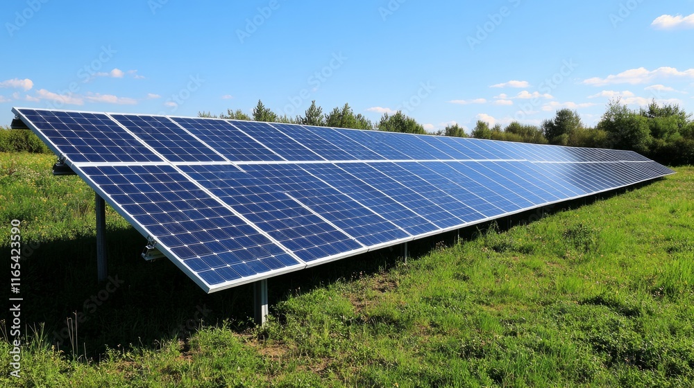 A solar farm with vast rows of panels capturing sunlight on a clear day.