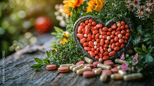 Heart shaped arrangement of supplements with vibrant flowers photo