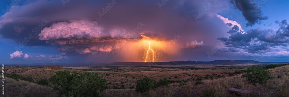 Fototapeta premium Lightning strikes through dark clouds above a sea of fluffy clouds