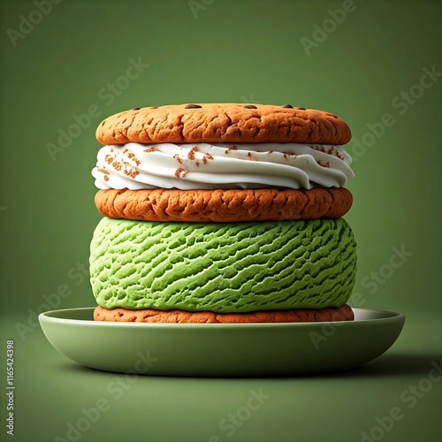  A matcha ice cream sandwich with cookies, a creative fusion of traditional flavors and modern desserts. photo