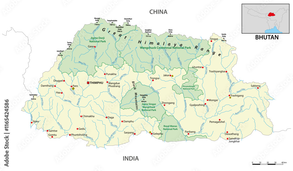 map of the Himalayan state Kingdom of Bhutan