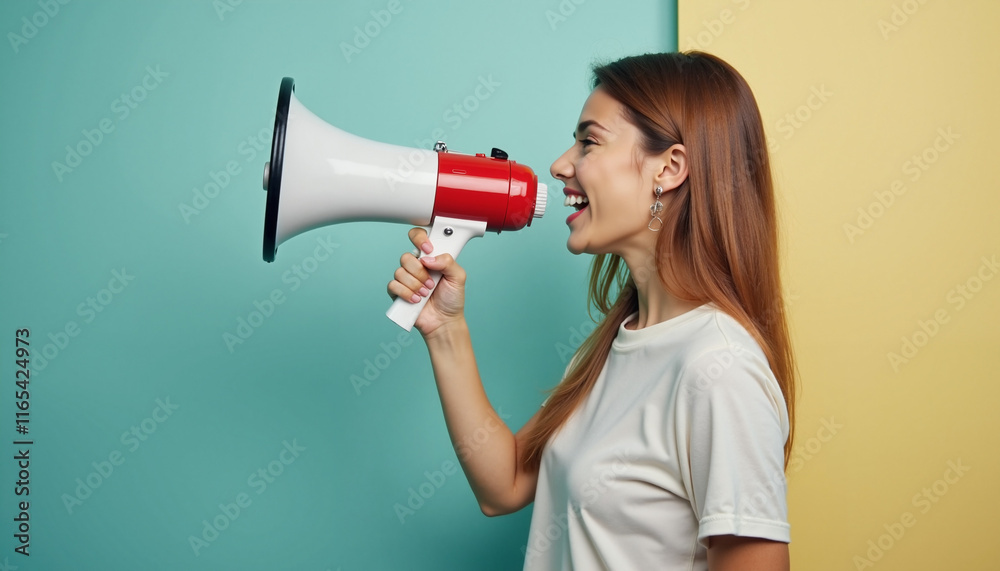 Woman enthusiastically using a megaphone against colorful background