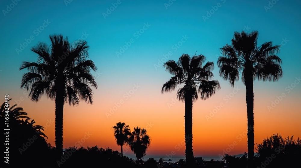 Silhouetted palm trees at sunset, vibrant orange and blue sky. Silhouetted palm trees at sunset, vibrant orange and blue sky.