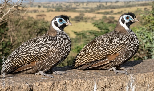 Two Scaly-breasted Francolins perched side-by-side. photo