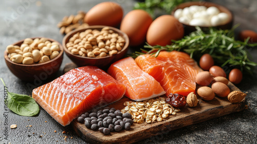 Fresh protein rich foods including salmon and eggs on table