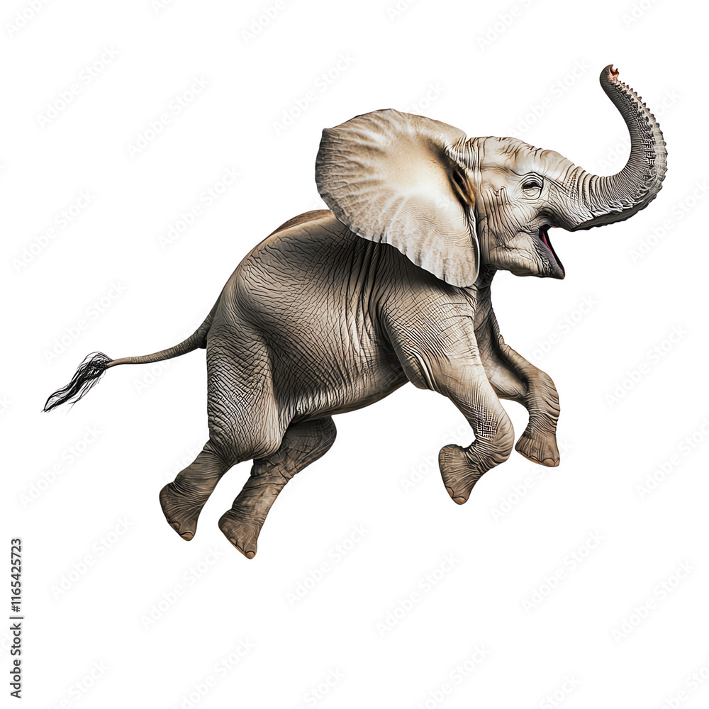 Fototapeta premium A playful elephant leaping gracefully, showcasing its strength and agility in the wild. Perfect for wildlife and animal-themed content.