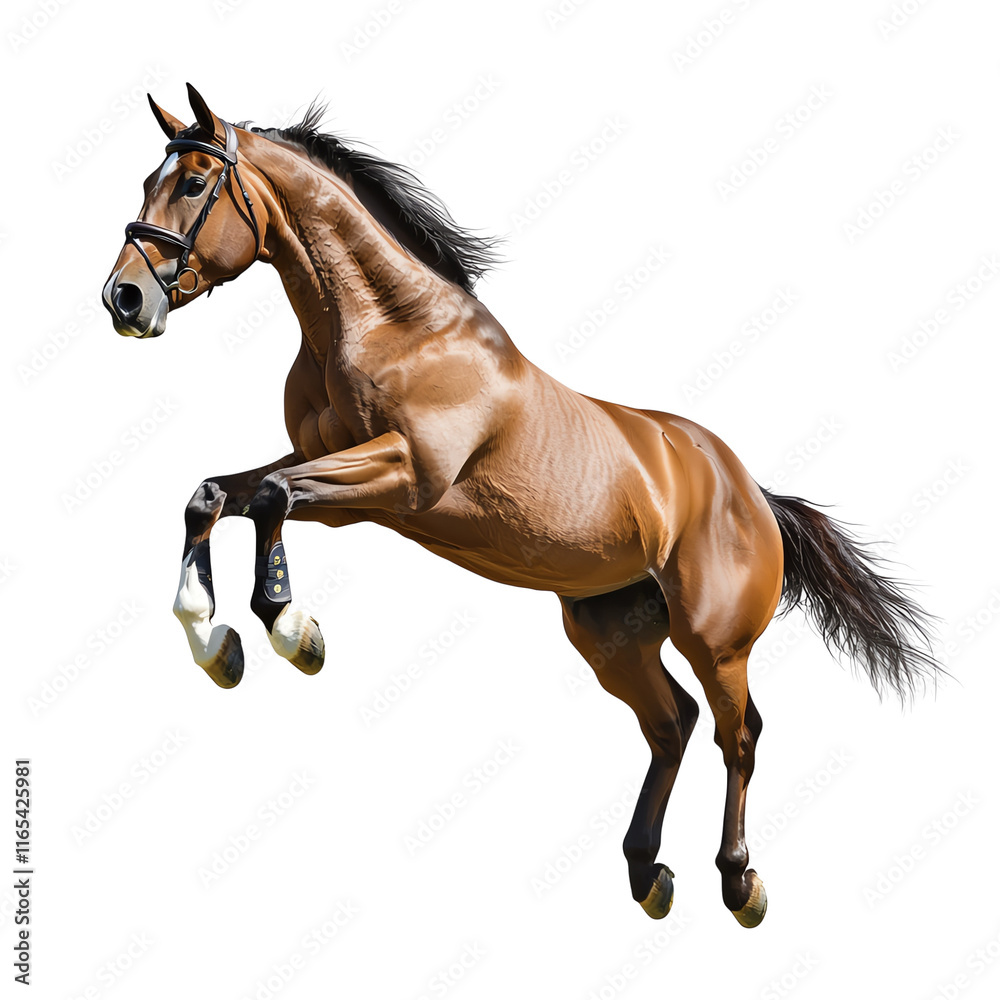 Obraz premium A powerful brown horse leaping in mid-air, showcasing strength and grace in a dynamic pose against a clear background.