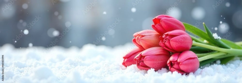 Obraz premium A vibrant bunch of beautiful red tulips is gracefully laying on the cold, white snow, creating a stunning visual contrast
