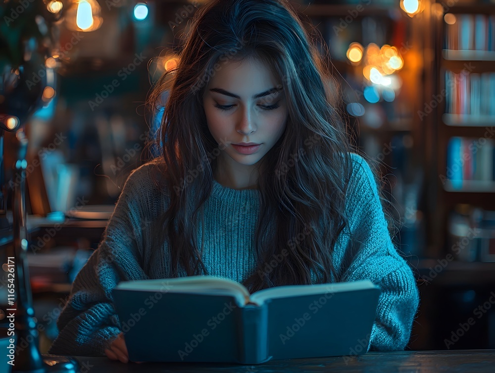 Young Woman Studying Late at Night Glowing Ambition and Future Goals in Dimly Lit Room Young Woman Studying Late at Night Glowing Ambition and Future Goals in Dimly Lit Room