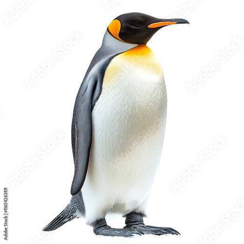 A stunning portrait of a king penguin standing upright, showcasing its vibrant colors and sleek feathers. photo