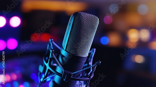 close-up of microphone in recording studio with blurred colorful led lighting creating modern atmosphere