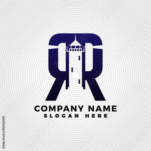 Lighthouse blended with letter RR logo template. Lighthouse logo with letter combination