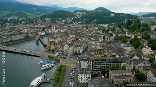 4K Drone Video of the Buildings and Shops in the Old Town area of Lucerne, Switzerland photo