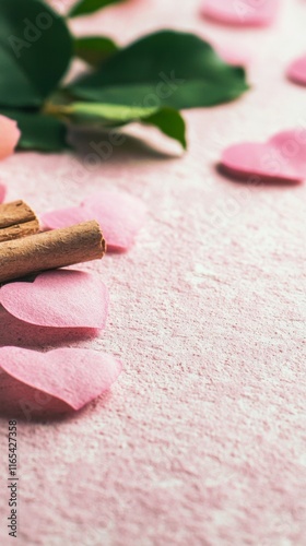 Romantic Pink Hearts  Cinnamon Sticks  Leaves  Valentine s Day Background photo