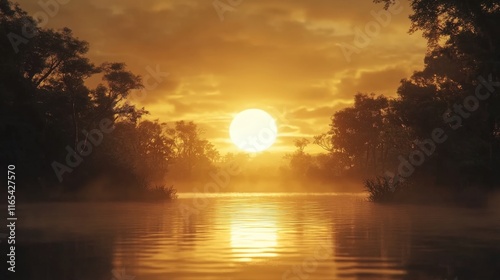 Sun Rising Over a Serene Lake - Generative AI