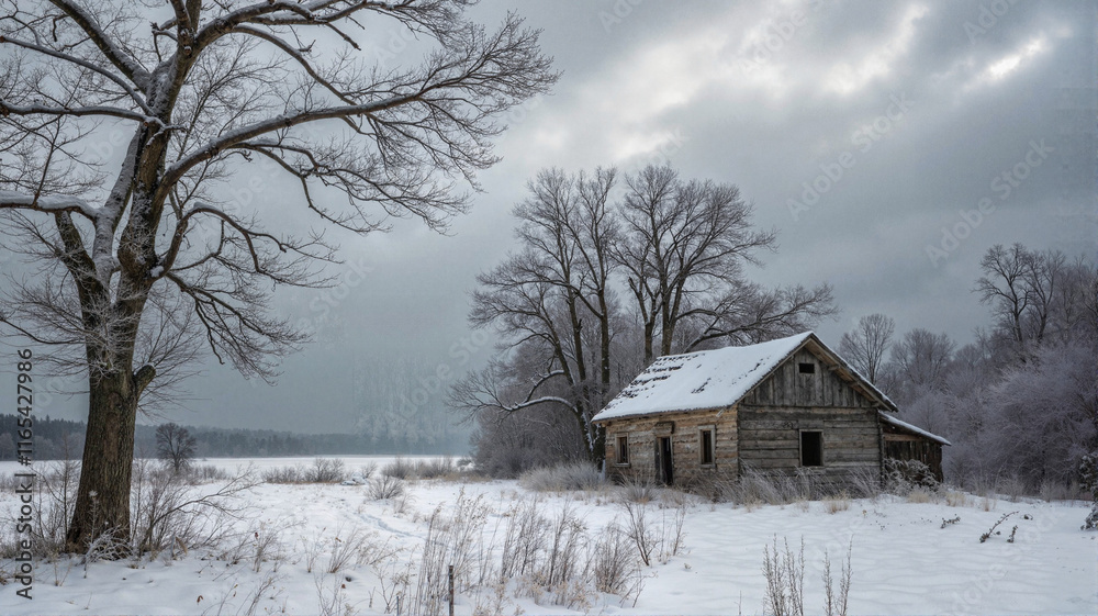 Abandoned cabin surrounded by snowy trees Abandoned cabin surrounded by snowy trees