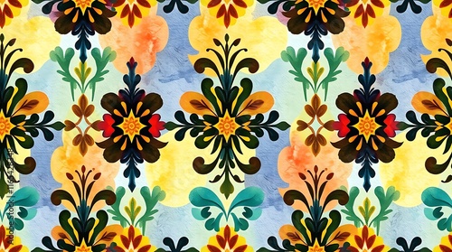Wallpaper Mural Vibrant Floral Watercolor Seamless Pattern: This intricate and colorful pattern features a dynamic interplay of floral motifs in bold, vibrant hues, offering a captivating visual experience.   Torontodigital.ca