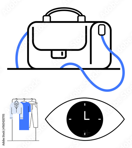 Business bag outline with cord, clothing rack with formal wear, clock inside an eye shape. Ideal for time management, organization, fashion, productivity, planning, work-life balance abstract line