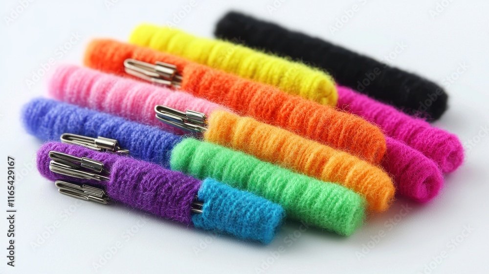 Colorful fuzzy pens arranged in a vibrant display. Colorful fuzzy pens arranged in a vibrant display.