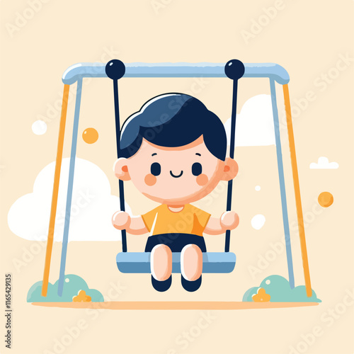 vector image of a small child playing on a swing