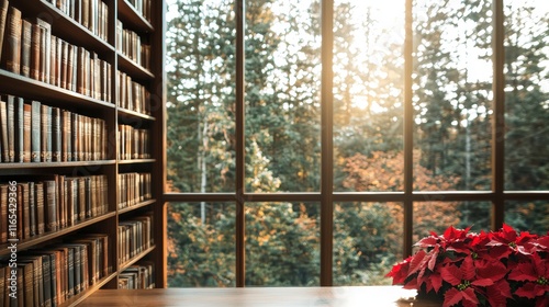 Cozy Autumn Library  Bookshelves  Window View  Poinsettia