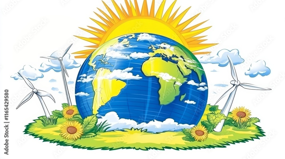 Naklejka premium Green Energy Powered Earth Sun, Wind, And Nature Symbolize A Sustainable Future For Our Planet.