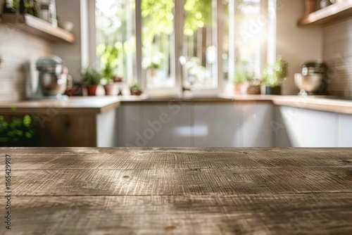 Wallpaper Mural Rustic kitchen with wooden countertop, sunlit window, and blurred background. Torontodigital.ca