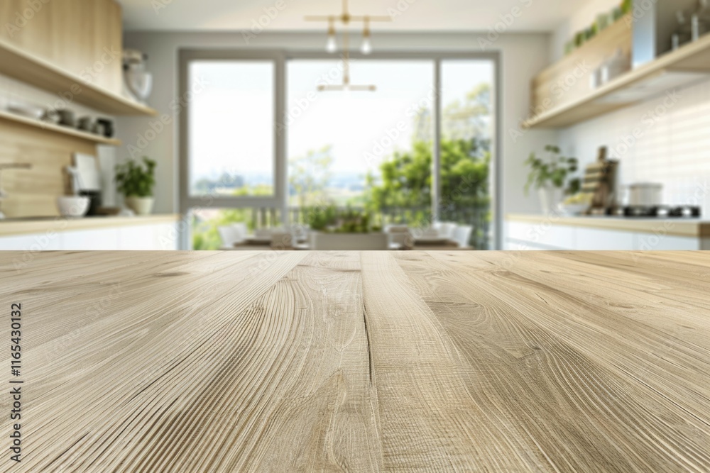 Light wooden table in a blurred background of a bright modern kitchen with large windows overlooking a green landscape. Light wooden table in a blurred background of a bright modern kitchen with large windows overlooking a green landscape.