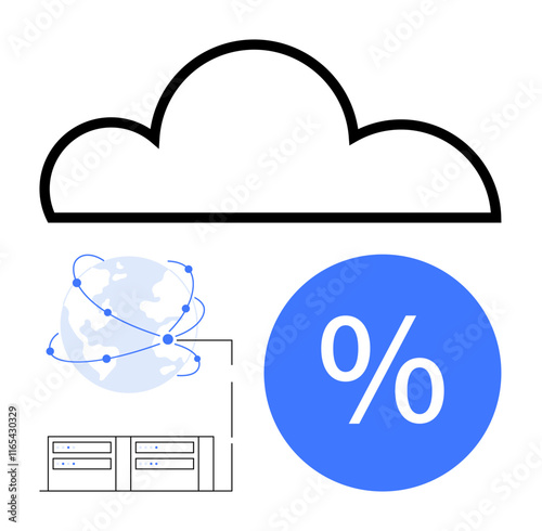 Cloud icon, globe with connected points, data servers, and percentage sign. Ideal for digital transformation, data management, global connectivity, cloud storage, analytics technology and IT