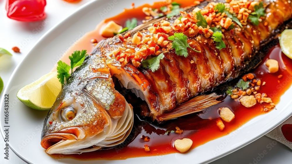 Whole Grilled Fish with Herbs and Citrus Garnish for Gourmet Dish Whole Grilled Fish with Herbs and Citrus Garnish for Gourmet Dish