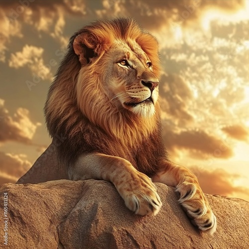 Majestic lion resting on rock at sunset.